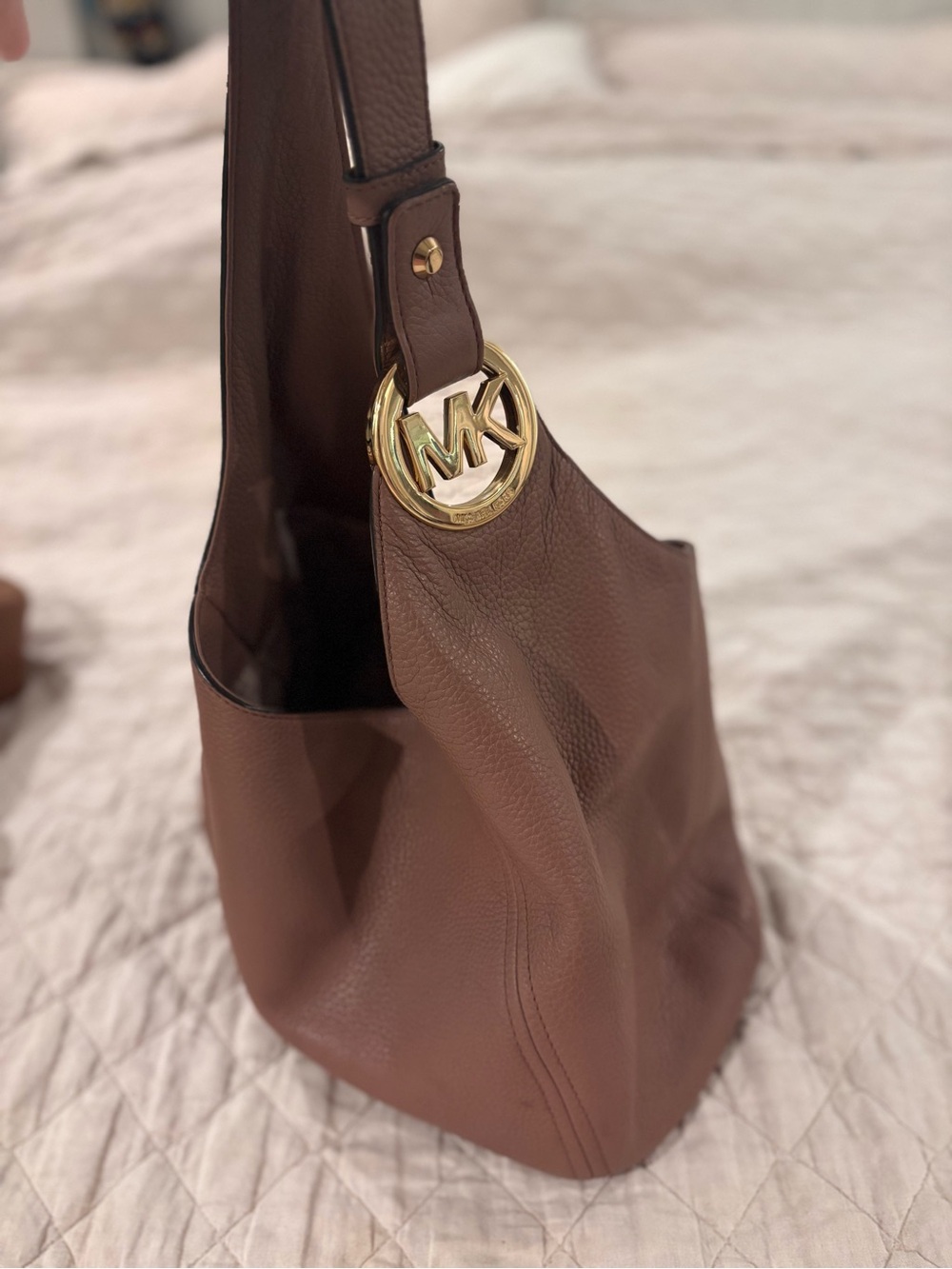 Michael Kors Chocolate Brown Pebbled Leather Shoulder Bag with Gold MK Logo